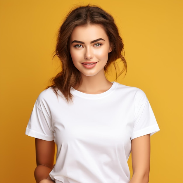 Sexy vrouw in een wit T-shirt op de oranje achtergrond Mockup