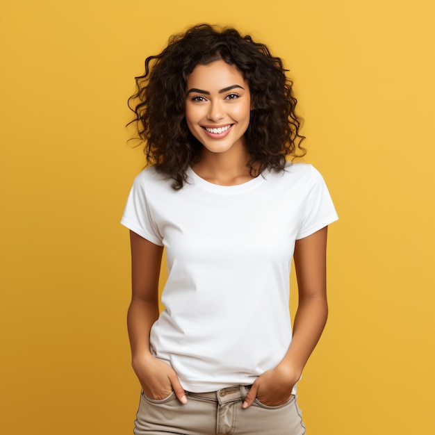 Sexy vrouw in een wit T-shirt op de oranje achtergrond Mockup