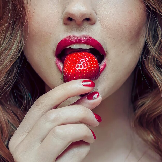 Photo sexy woman eating strawberry sensual red lips