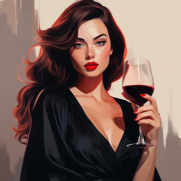 sexy woman of European appearance in a black elegant dress with a glass of red wine in her hand