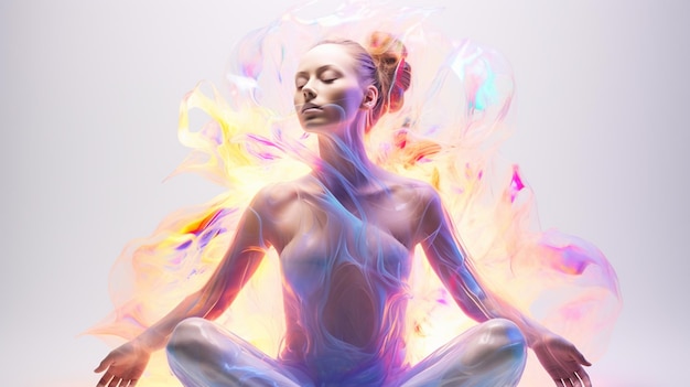 Sexy woman in lotus pose with colorful smoke 3d rendering