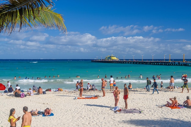 Sexy woman in string tanga bikni and people on the sandy beach with cocos palms in Playa del Carmen Yukatan Mexico