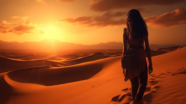 Photo sexy woman walking in the desertbeautiful view on the mountain at sunset amazing sand dunes golden sand waves natural safari panorama unique journey