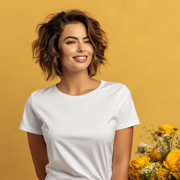 Photo sexy woman in a white tshirt on the orange background mockup