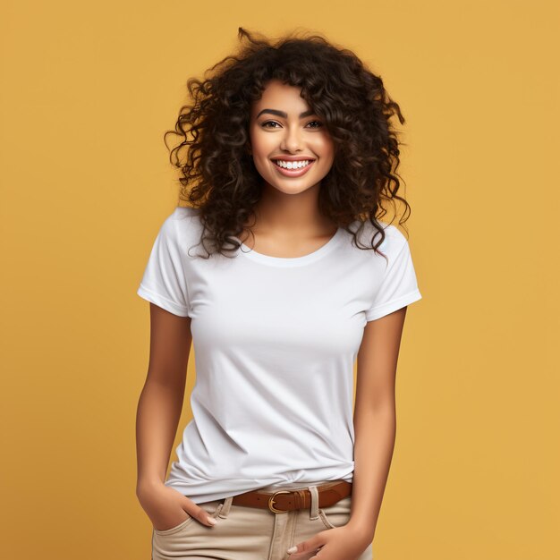 Sexy woman in a white Tshirt on the orange background Mockup