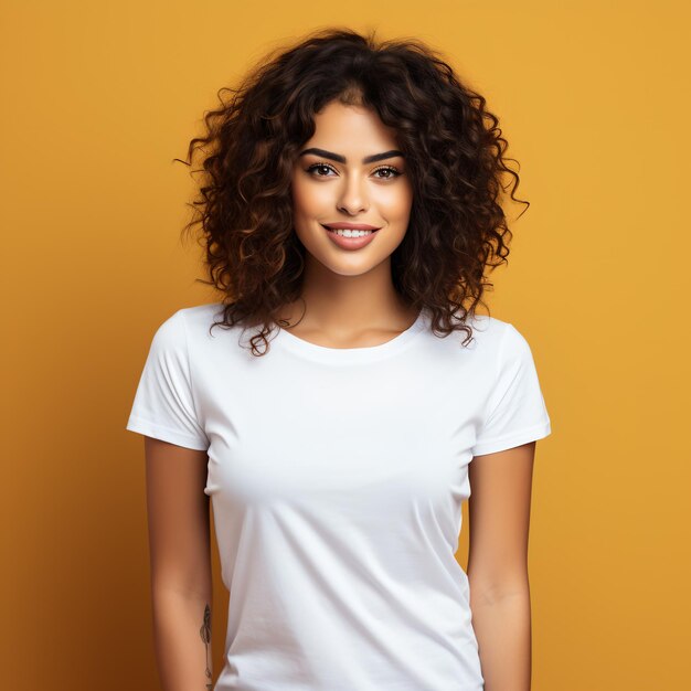 Sexy woman in a white Tshirt on the orange background Mockup