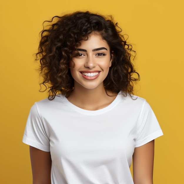 Sexy woman in a white Tshirt on the orange background Mockup