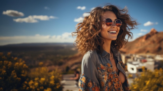 сексуальная женщина с кудрявыми волосами и солнцезащитными очками на фоне горного города в Италии