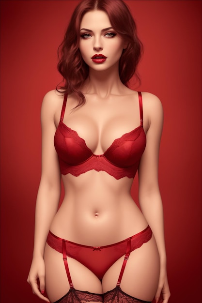 은 배경 앞에 포즈를 취하는 빨간 브래지어를 입은 완벽한 몸을 가진 섹시한 여자