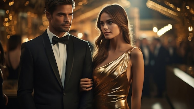 Sexy young elegant couple at the Party Woman wearing golden dress and man in classic suit