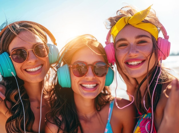 Photo sexy young ladies listening to modern hip hop and rap music in colorful headphones at party