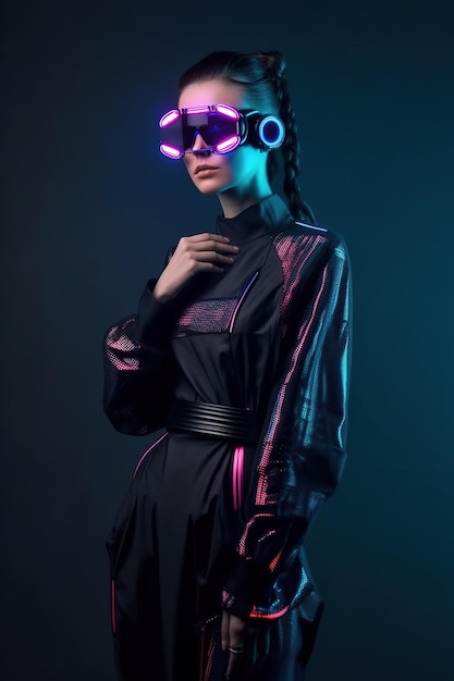 Sexy young woman wearing futuristic glasses neon fashion style generative AI