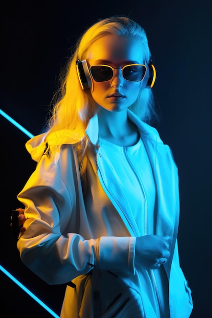 Sexy young woman wearing futuristic glasses neon fashion style generative AI