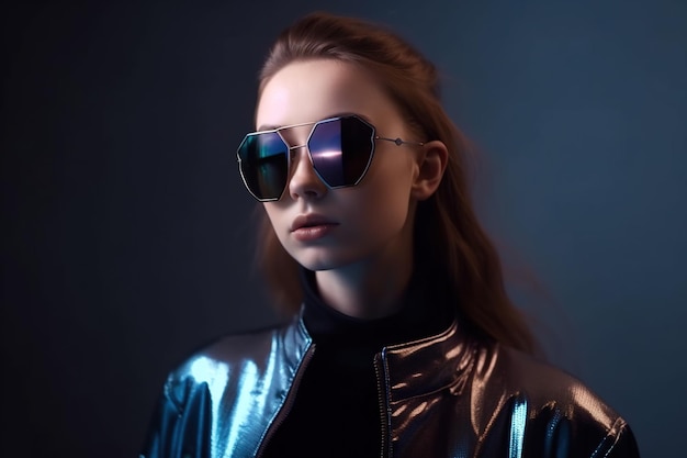 Sexy young woman wearing trendy sunglasses futuristic fashion style generative AI