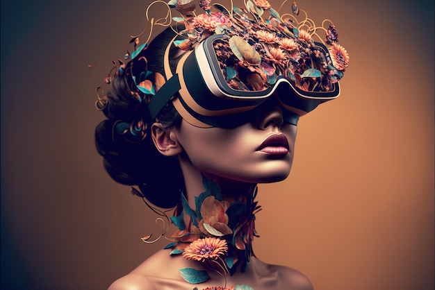 Sexy young woman wearing VR glasses futuristic fashion style generative AI