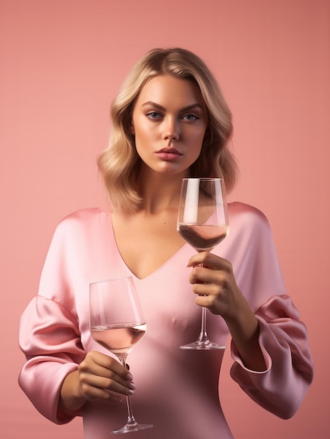 Sexy young woman with a glass of champagne on a pink background