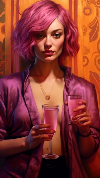 샴페인 한 잔을 들고 분홍색 머리를 가진 섹시한 젊은 여자