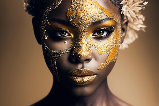 Sexy zwarte vrouw die een gouden Carnaval-masker draagt dat op studio achtergrond generatieve ai wordt geïsoleerd