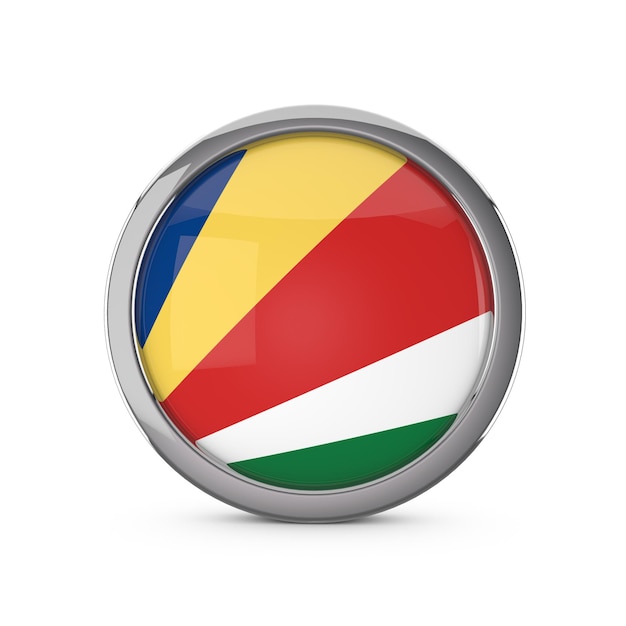 Seychelles national flag in a glossy circle shape with chrome frame 3D Rendering