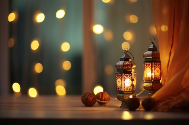 Sfeer van de Ramadan Kareem-lamp op een onscherpe achtergrond versierd met door AI gegenereerde gordijnlichten