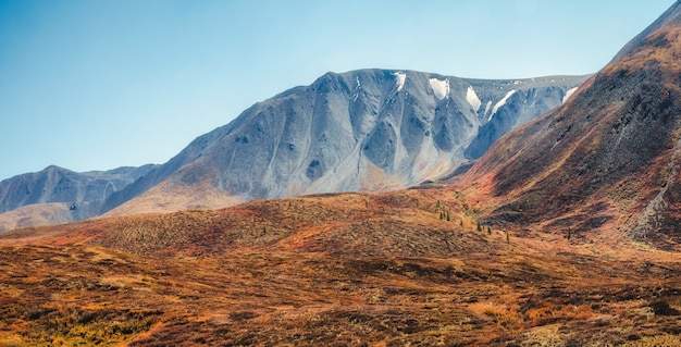 Sfeervol herfst berglandschap. Panoramisch landschap met de grote bergen in een lichte mist. Altaj-gebergte.