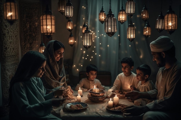 Sfeervolle avondscène van Eid alAdha verlichte lantaarns en magische sfeer