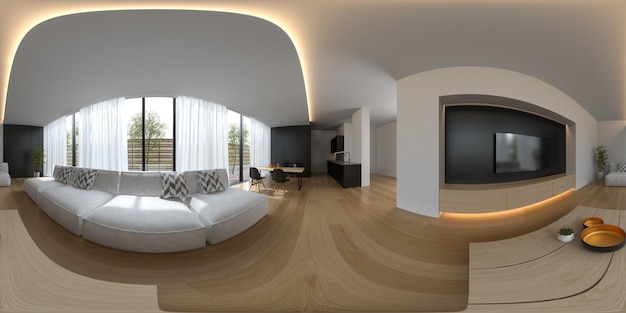 Sferische 360 panoramaprojectie Scandinavische stijl interieurontwerp 3D-weergave