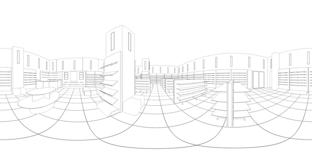 sferische panoramische weergave van de winkel, contourvisualisatie, 3D-illustratie, schets, omtrek