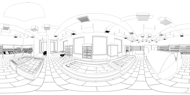 sferische panoramische weergave van de winkelcontourvisualisatie 3D-illustratieschetsoverzicht