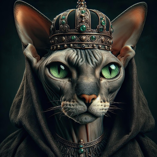Sfinx kat met groene ogen koning in een mantel monarch