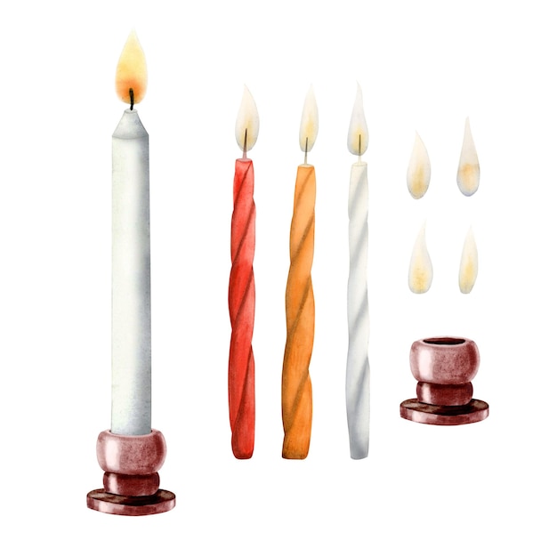 Shabbat candles with candlestick set of watercolor illustration for gut shabbos designs isolated