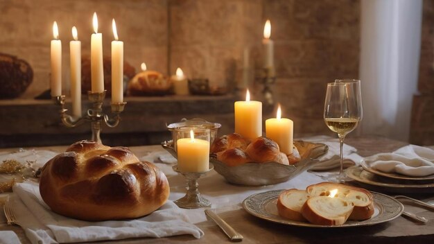 Shabbat eve table candles and cup of wine with covered challah bread