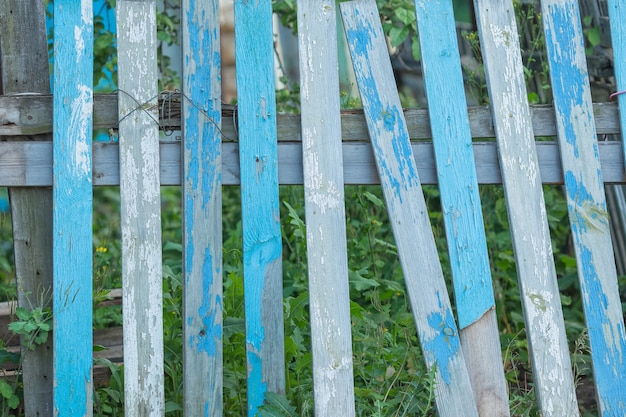 Shabby blue vintage wood background. Broken old fence with grass