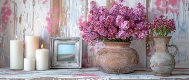 On a shabby chic background of white wooden planks a lilac bouquet in a clay jug is arranged with candles and a picture frame