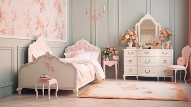 Shabby chic bedroom interior empty vintage room with elegant retro furniture