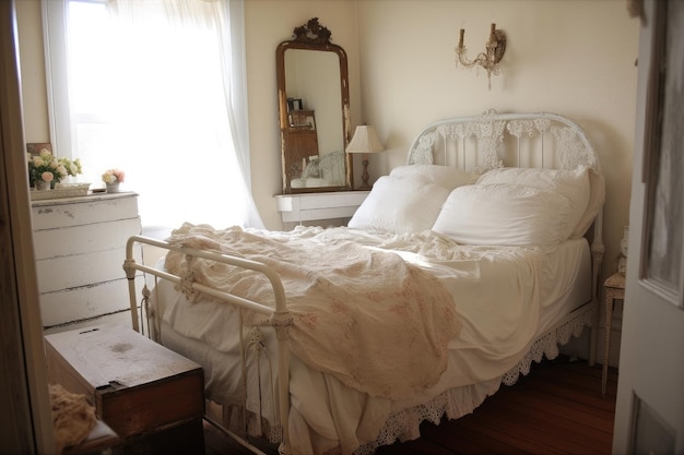 Shabby chic bedroom with vintage bed frame and plush comforter