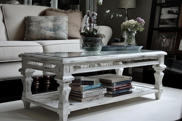 Shabby chic coffee table set with unique glass and metal coffee table books