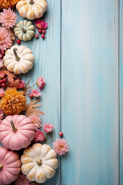 Shabby Chic Delight Wood Pumpkin and Pink Flat Lay Background