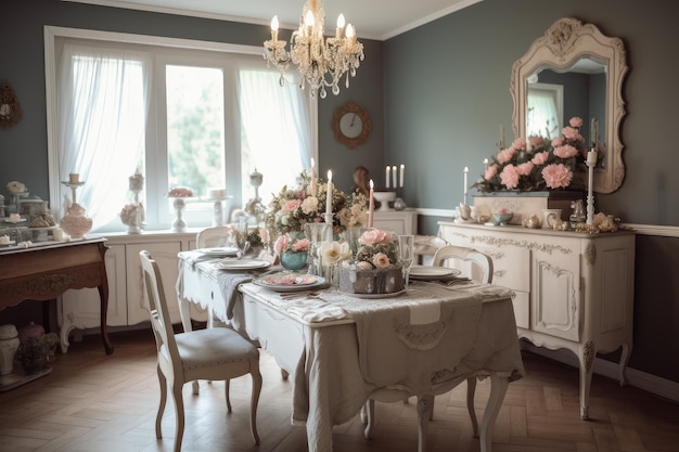 Shabby chic dining room with antique buffet elegant table settings and floral centerpiece