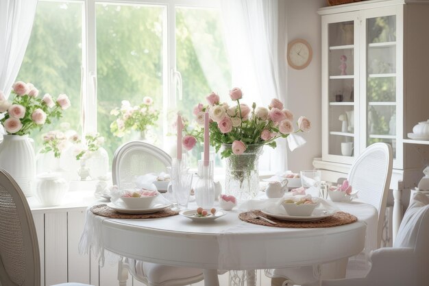 みずみずしい花で飾られたテーブルとジェネレーティブ AI で作成されたシンプルな白い食器を備えたシャビーシックなダイニング ルーム