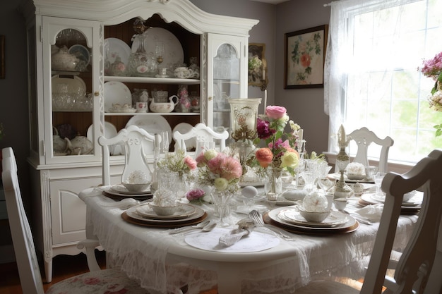 Shabby chic dining room with white china crystal glasses and floral centerpiece