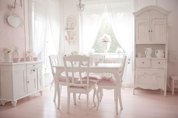 Shabby chic dining room with white painted furniture and decorative details in pastel colors