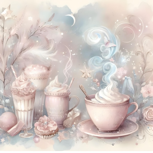 Shabby chic dreamy mist pastel junk journals Watercolor Hot Cocoa Coffee Shop (수채화 뜨거운 코코아 커피 ⁇ )