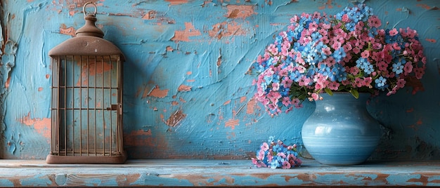 Photo shabby chic forgetmenot flowers in a birdcage with a craquelure photo frame