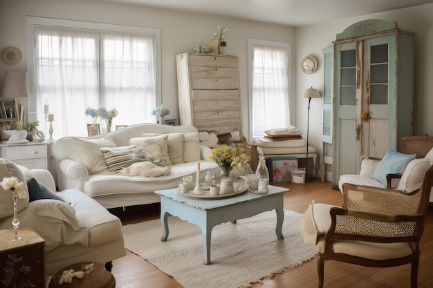 Shabby chic living room with mix of modern and vintage accents