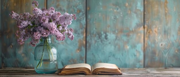 In shabby chic style on wooden wall background with lilac flowers in glass vase and open fairytale book on table