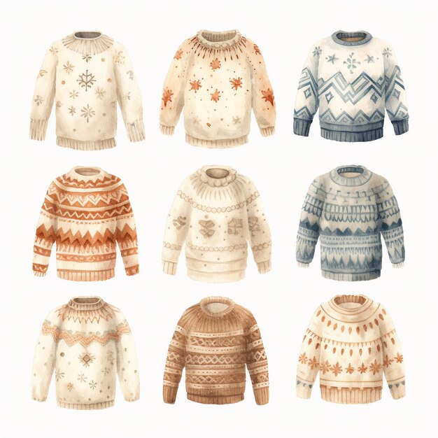 Shabby chic vintage winter sweaters on white background watercolor