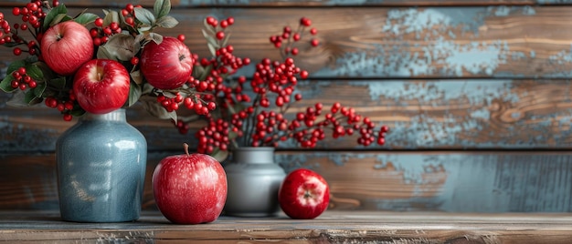 On the Shabby Chic wooden wall in the background are red apples with flowers