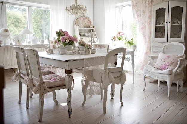 Shabby chique eetkamer met vintage tafelstoelen en bloemstuk als middelpunt