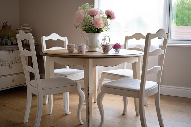 Shabby chique eettafel en stoelen met een vaas verse bloemen